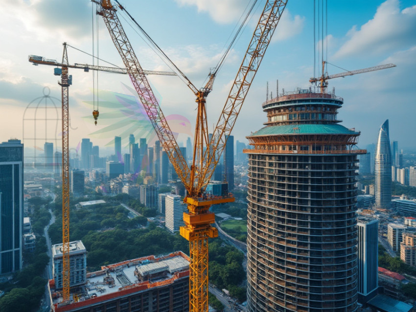 Visual of work done with a crane at the construction site - crane fly