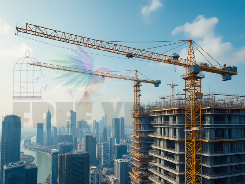 Visual of work done with a crane at the construction site - crane fly