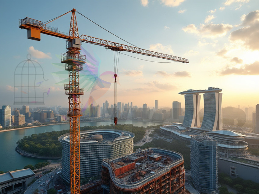 Visual of work done with a crane at the construction site - crane fly
